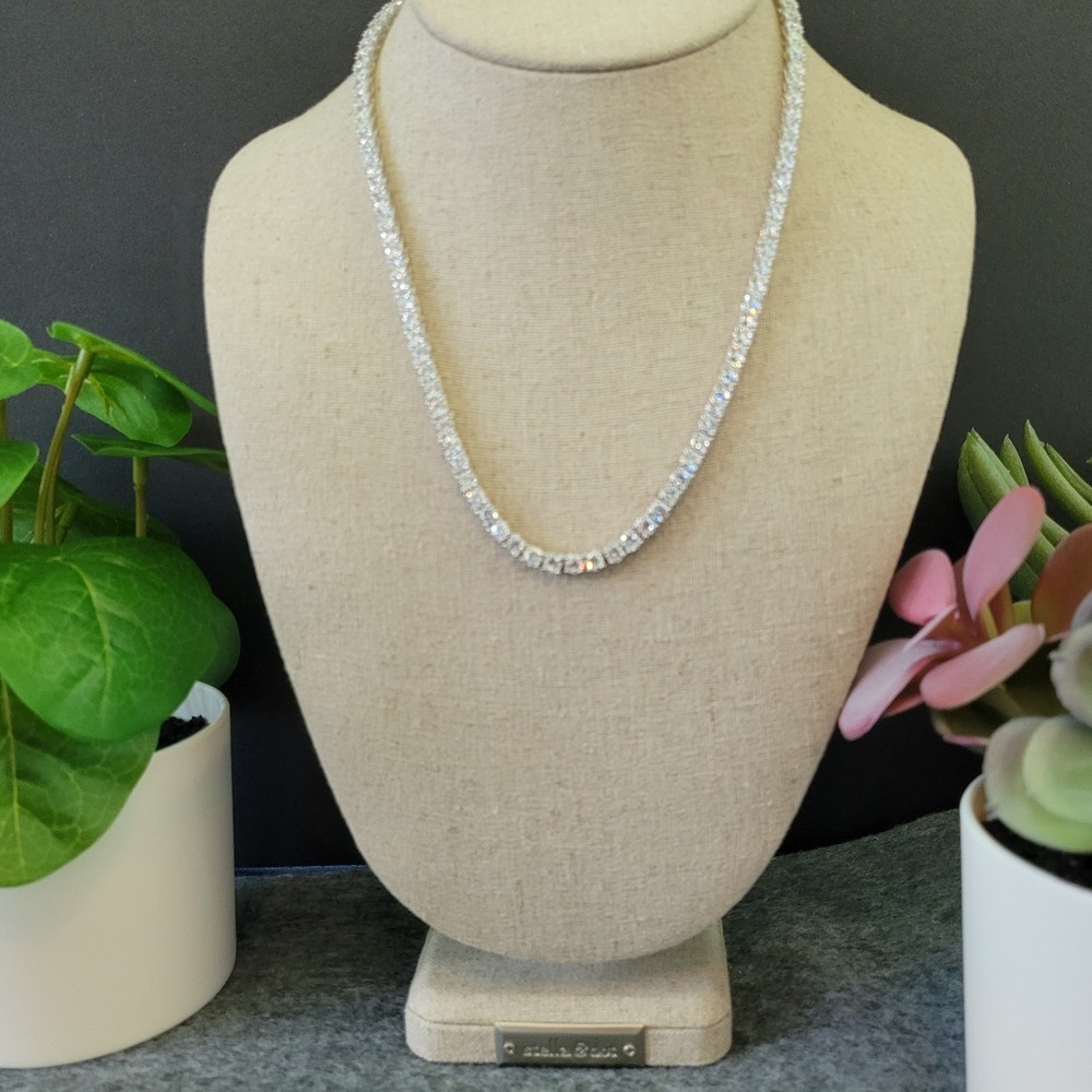 Silver Tone Crystal Tennis Necklace Riviera Round Stones Statement 16"